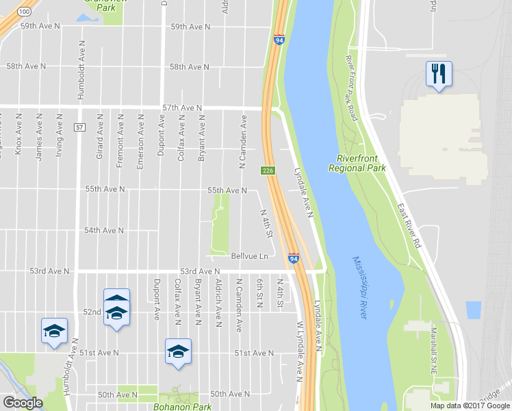 map of restaurants, bars, coffee shops, grocery stores, and more near 5447 North 4th Street in Minneapolis