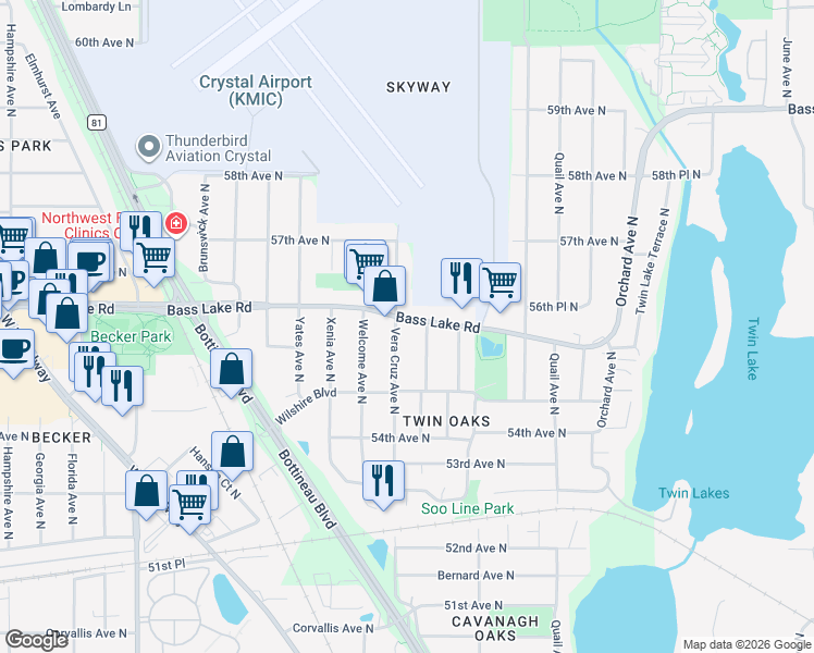 map of restaurants, bars, coffee shops, grocery stores, and more near 5417 Bass Lake Road in Minneapolis