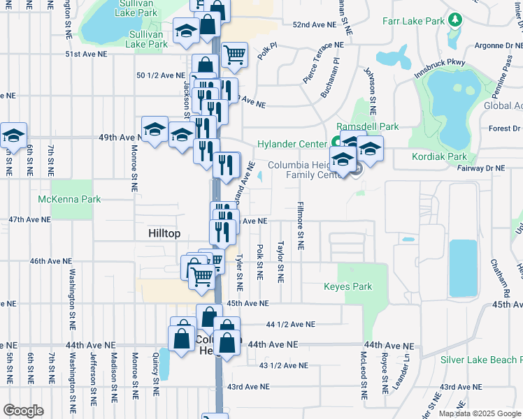 map of restaurants, bars, coffee shops, grocery stores, and more near 1069 Grandview Court Northeast in Columbia Heights