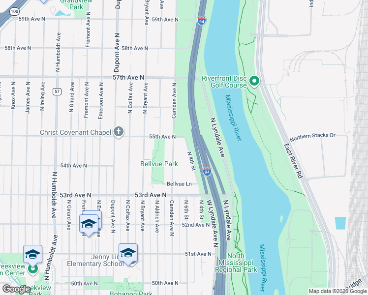 map of restaurants, bars, coffee shops, grocery stores, and more near 5447 North 4th Street in Minneapolis