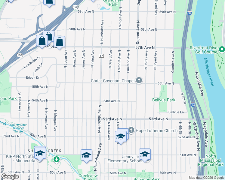 map of restaurants, bars, coffee shops, grocery stores, and more near 5417 Fremont Avenue North in Minneapolis