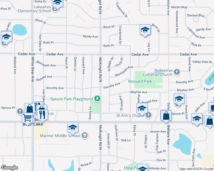 map of restaurants, bars, coffee shops, grocery stores, and more near 3730 McKnight Road North in White Bear Lake