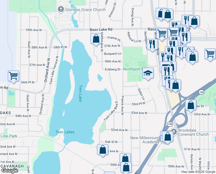 map of restaurants, bars, coffee shops, grocery stores, and more near 5427 Twin Lake Boulevard East in Minneapolis