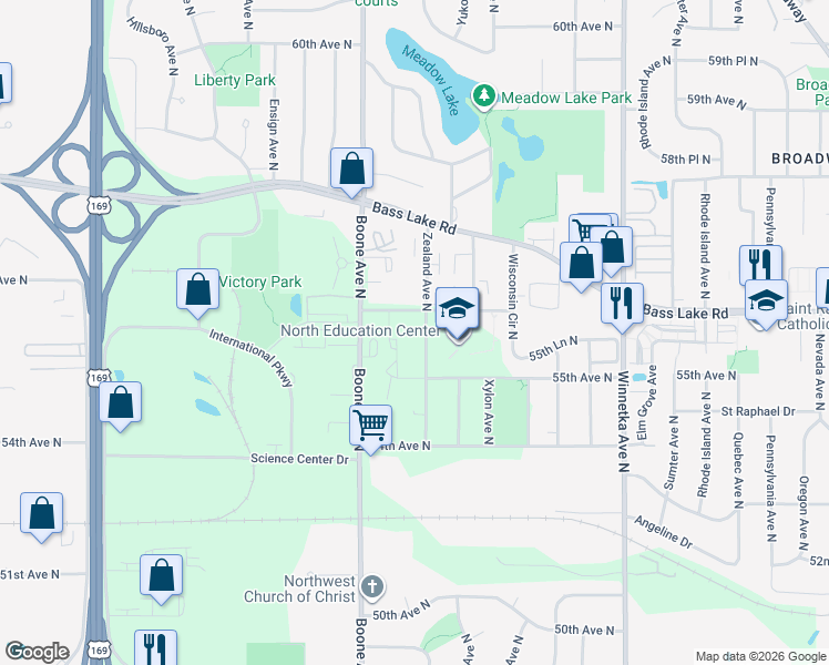 map of restaurants, bars, coffee shops, grocery stores, and more near 5555 Zealand Avenue North in New Hope