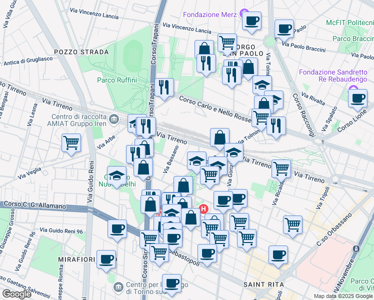 map of restaurants, bars, coffee shops, grocery stores, and more near 10 Via Amalia Guglielminetti 10 in Torino