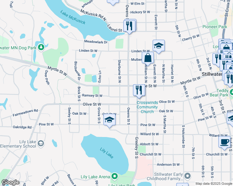 map of restaurants, bars, coffee shops, grocery stores, and more near 124 Sherburne Street South in Stillwater