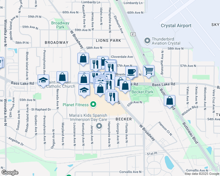 map of restaurants, bars, coffee shops, grocery stores, and more near 5590 West Broadway Avenue in Crystal