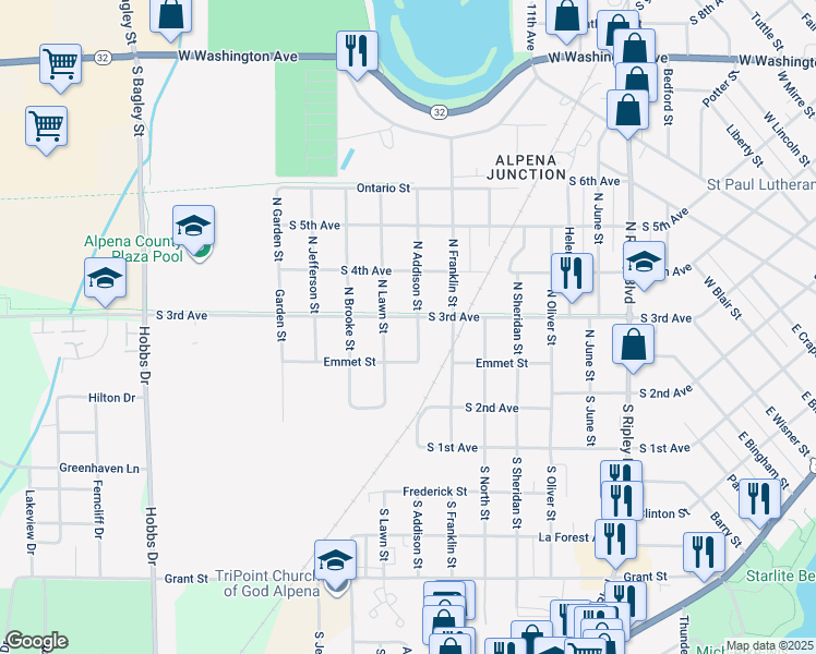 map of restaurants, bars, coffee shops, grocery stores, and more near 151-199 North Addison Street in Alpena