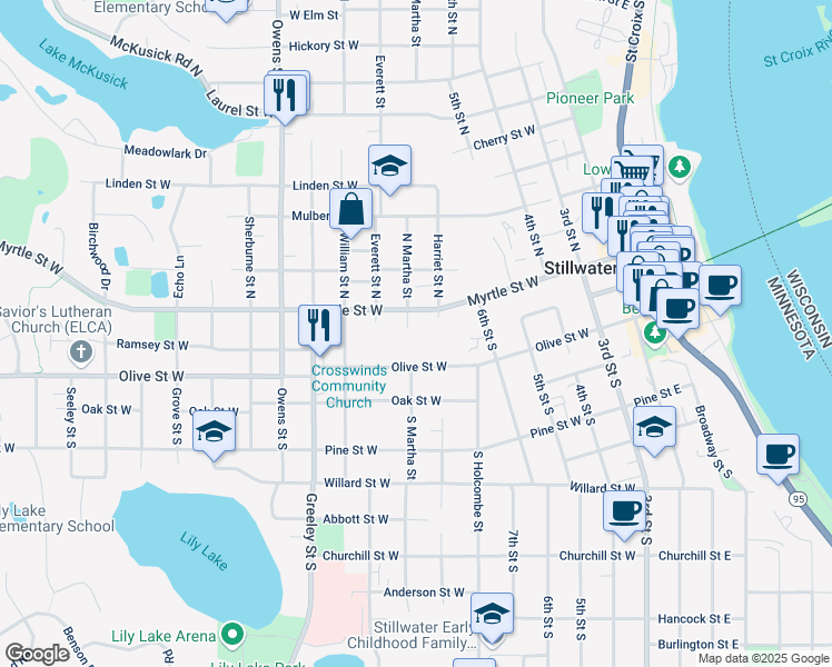map of restaurants, bars, coffee shops, grocery stores, and more near 115 South Martha Street in Stillwater