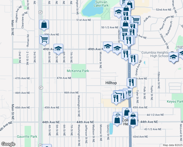 map of restaurants, bars, coffee shops, grocery stores, and more near 669 47th Avenue Northeast in Minneapolis
