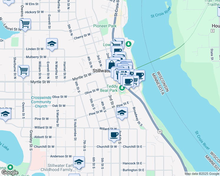 map of restaurants, bars, coffee shops, grocery stores, and more near 310 3rd Street South in Stillwater