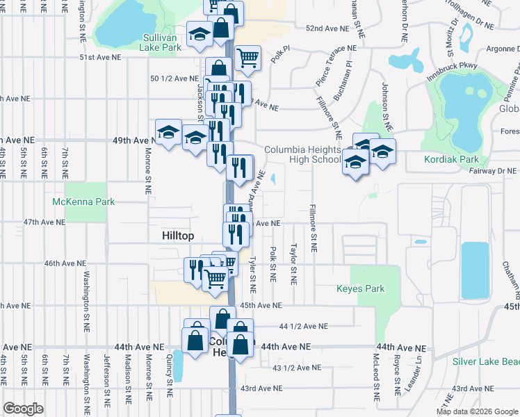 map of restaurants, bars, coffee shops, grocery stores, and more near 4729 Grand Avenue Northeast in Columbia Heights