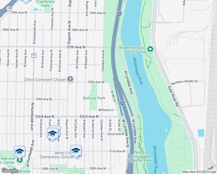 map of restaurants, bars, coffee shops, grocery stores, and more near 5447 North 4th Street in Minneapolis