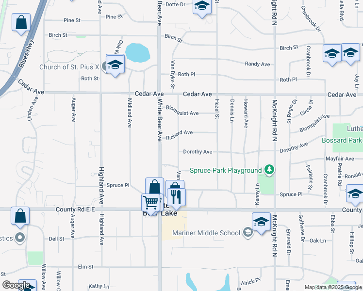 map of restaurants, bars, coffee shops, grocery stores, and more near 3720 Van Dyke Street in White Bear Lake