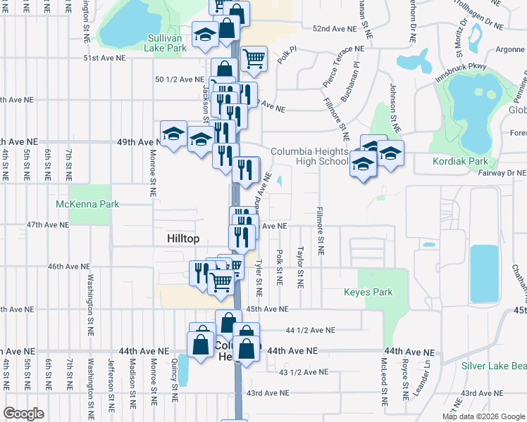 map of restaurants, bars, coffee shops, grocery stores, and more near 4729 Grand Avenue Northeast in Columbia Heights