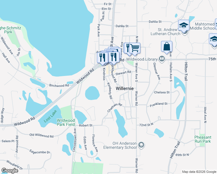 map of restaurants, bars, coffee shops, grocery stores, and more near 319 Kimberly Road in Willernie