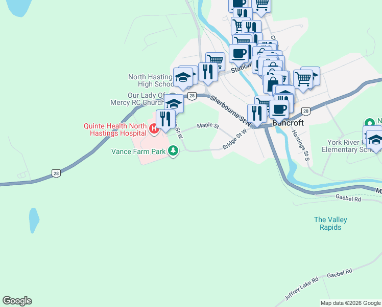 map of restaurants, bars, coffee shops, grocery stores, and more near 139 Bridge Street West in Bancroft