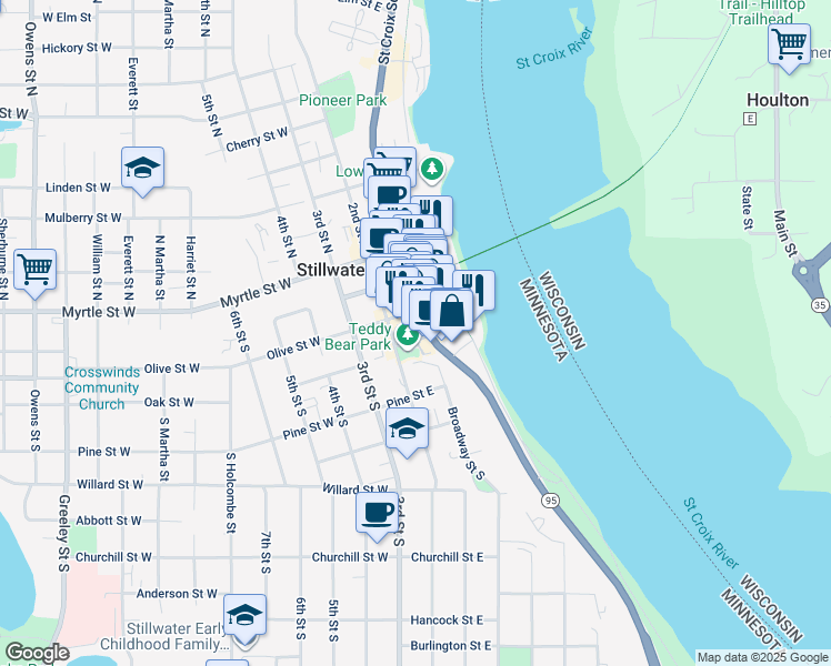 map of restaurants, bars, coffee shops, grocery stores, and more near 402 Main Street South in Stillwater