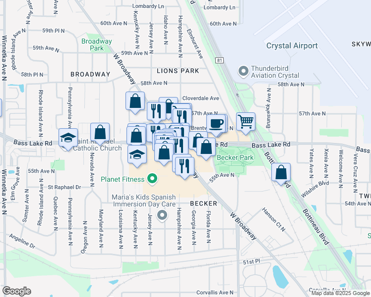 map of restaurants, bars, coffee shops, grocery stores, and more near 5596 West Broadway Avenue in Minneapolis