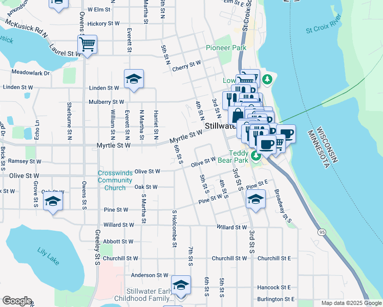 map of restaurants, bars, coffee shops, grocery stores, and more near 306 Olive Street West in Stillwater