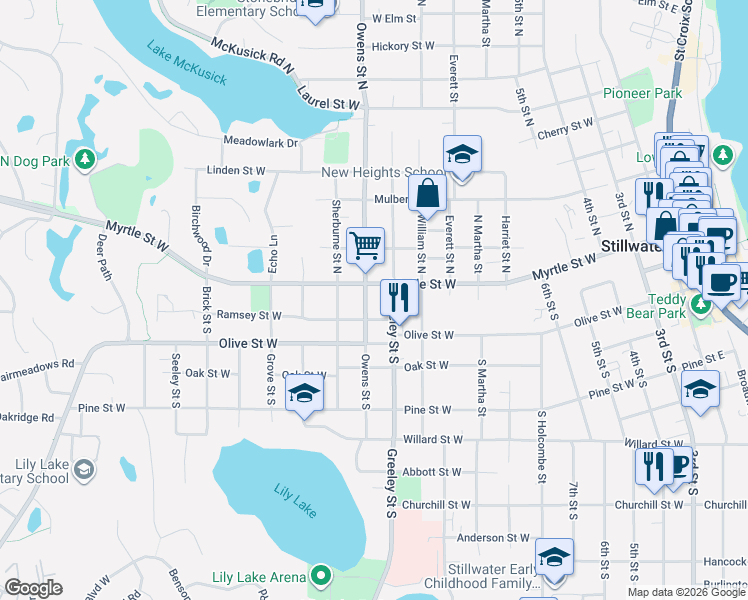 map of restaurants, bars, coffee shops, grocery stores, and more near 125 Owens Street South in Stillwater