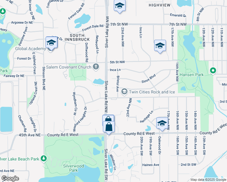 map of restaurants, bars, coffee shops, grocery stores, and more near 2360 3rd Street Northwest in New Brighton