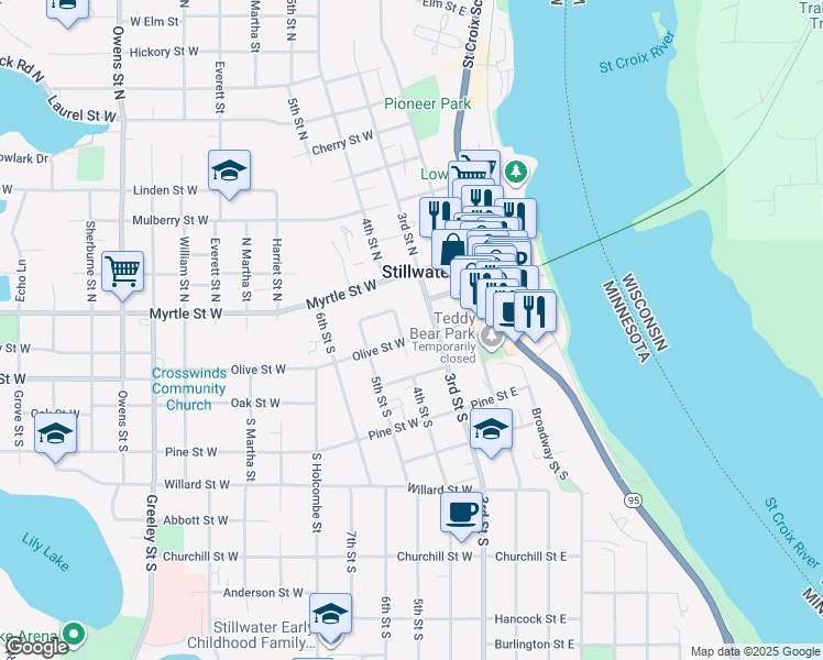 map of restaurants, bars, coffee shops, grocery stores, and more near 201 Olive Street West in Stillwater