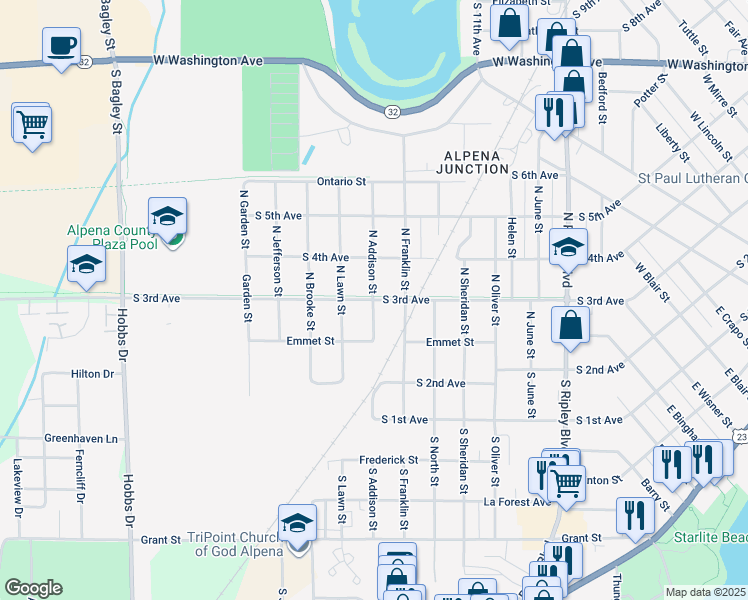 map of restaurants, bars, coffee shops, grocery stores, and more near 199 North Addison Street in Alpena