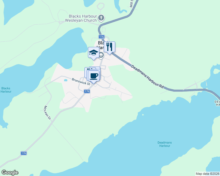 map of restaurants, bars, coffee shops, grocery stores, and more near 70 French Village Road in Blacks Harbour