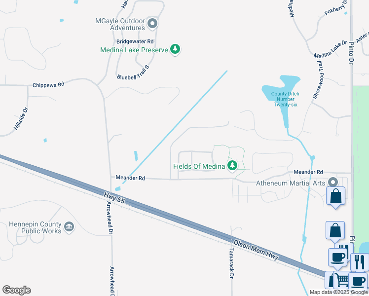 map of restaurants, bars, coffee shops, grocery stores, and more near 4165 Fescue Drive in Medina