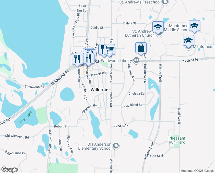 map of restaurants, bars, coffee shops, grocery stores, and more near 403 Warner Road in Willernie