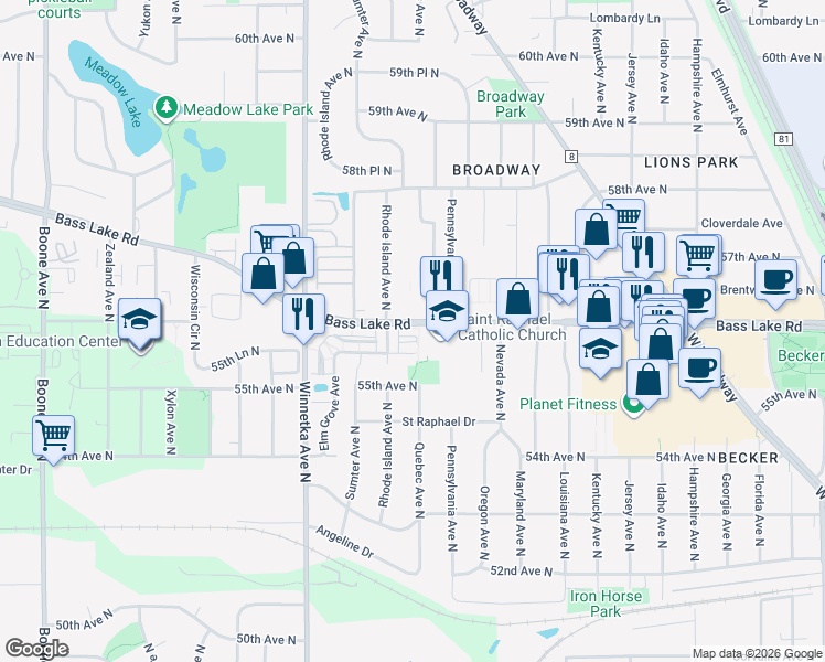 map of restaurants, bars, coffee shops, grocery stores, and more near 7613 Elm Grove Circle in Minneapolis