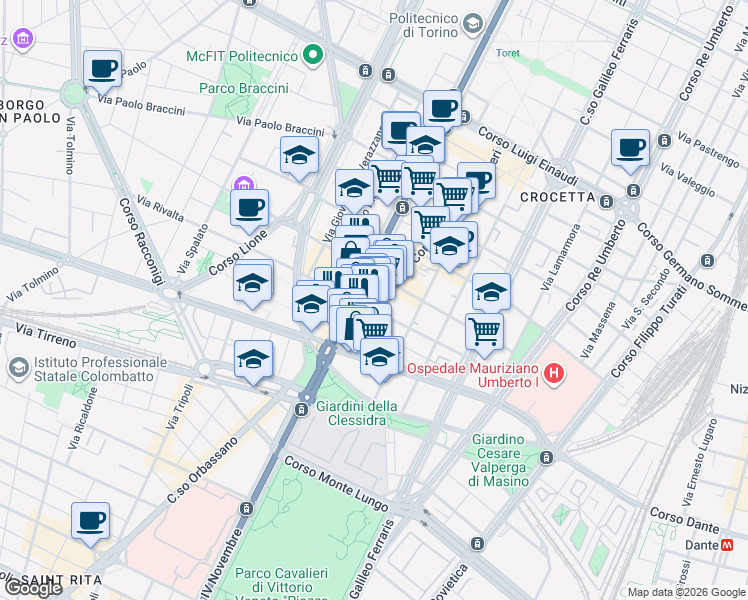 map of restaurants, bars, coffee shops, grocery stores, and more near in Torino