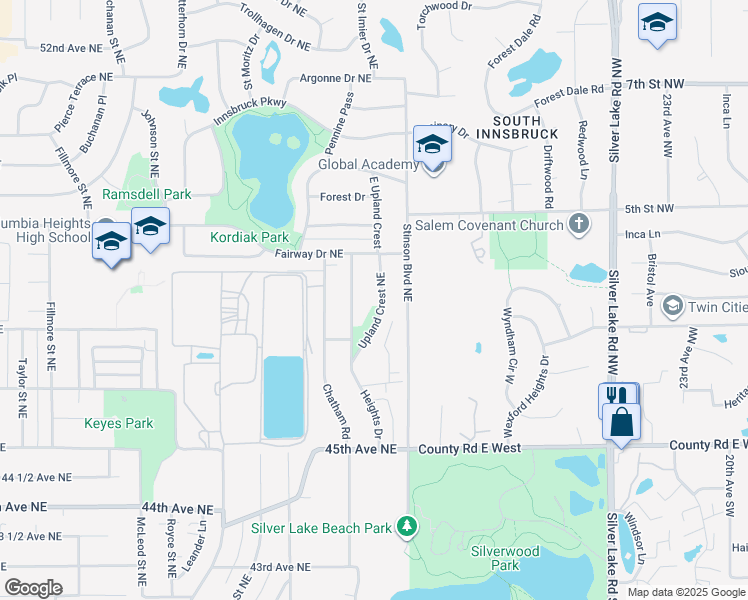 map of restaurants, bars, coffee shops, grocery stores, and more near 4713 Upland Crest Northeast in Minneapolis