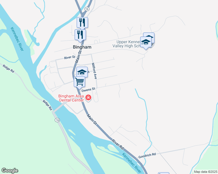 map of restaurants, bars, coffee shops, grocery stores, and more near 43 Owens Street in Bingham