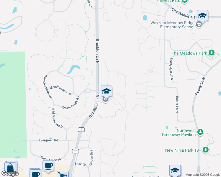 map of restaurants, bars, coffee shops, grocery stores, and more near 5425 Alvarado Lane North in Plymouth