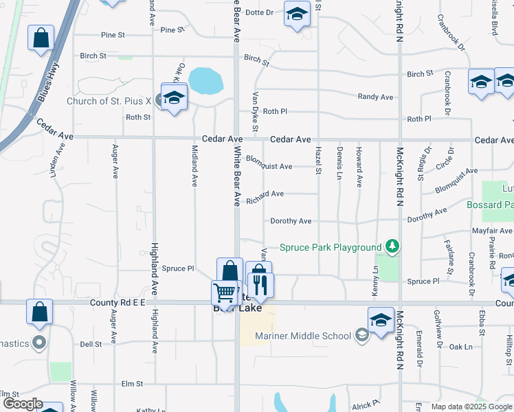map of restaurants, bars, coffee shops, grocery stores, and more near 3720 Van Dyke Street in White Bear Lake