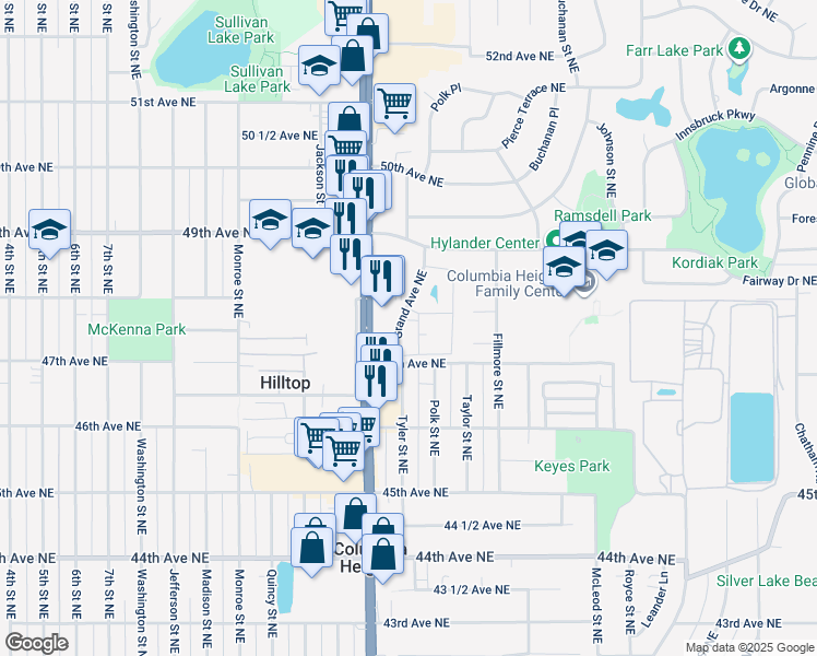 map of restaurants, bars, coffee shops, grocery stores, and more near 4729 Grand Avenue Northeast in Columbia Heights