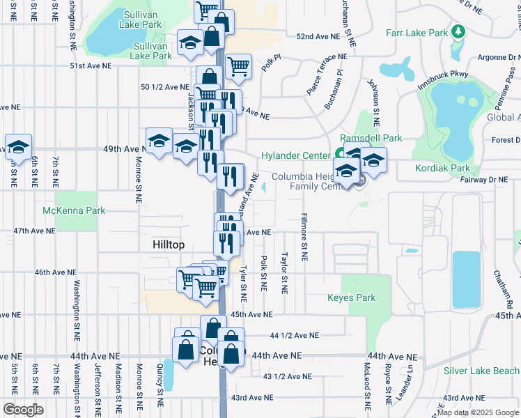 map of restaurants, bars, coffee shops, grocery stores, and more near 1069 Grandview Court Northeast in Columbia Heights