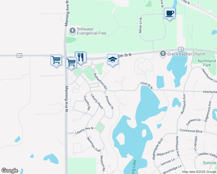 map of restaurants, bars, coffee shops, grocery stores, and more near 3332 Pioneer Place in Stillwater