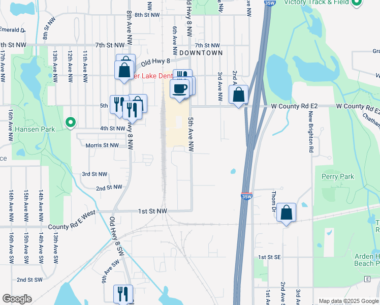 map of restaurants, bars, coffee shops, grocery stores, and more near 300 5th Avenue Northwest in New Brighton