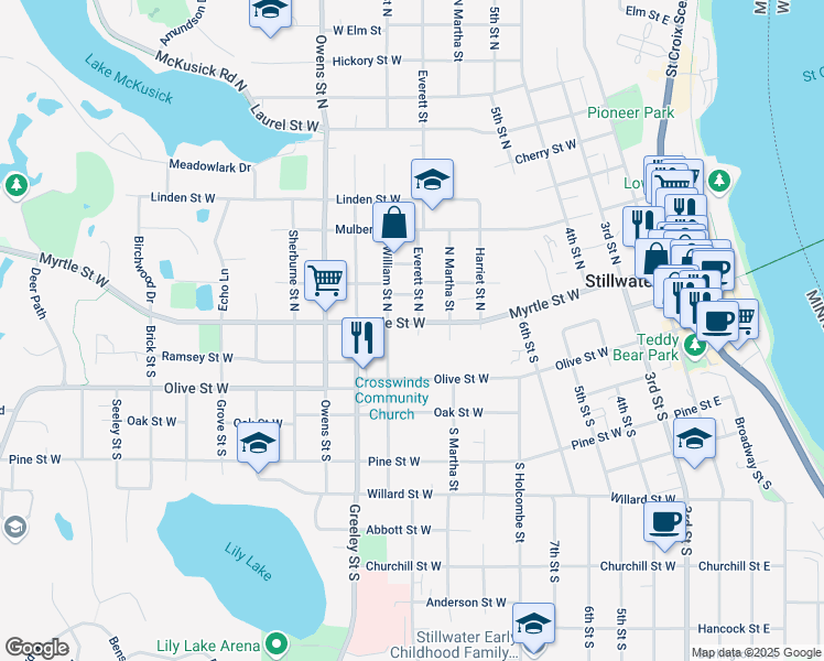 map of restaurants, bars, coffee shops, grocery stores, and more near 804 Olive Street West in Stillwater