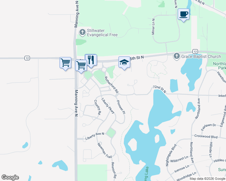 map of restaurants, bars, coffee shops, grocery stores, and more near 3332 Pioneer Place in Stillwater