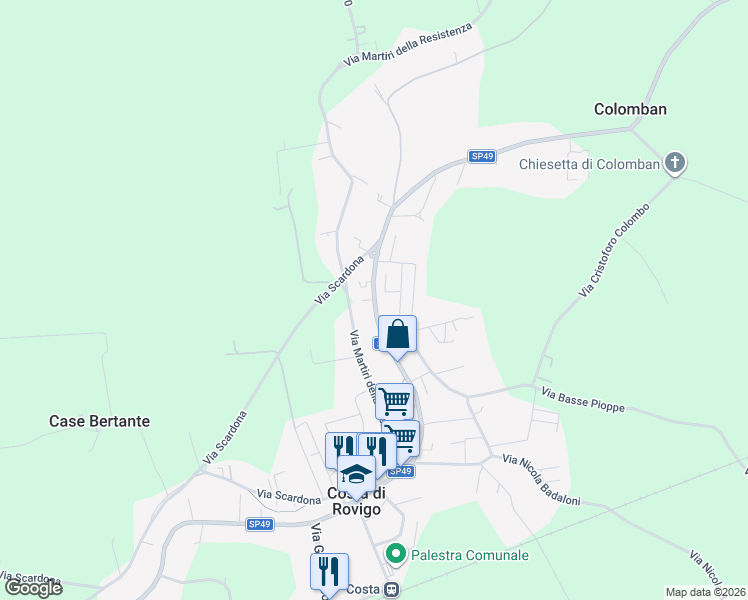 map of restaurants, bars, coffee shops, grocery stores, and more near 381 Via Alcide de Gasperi in Costa di Rovigo