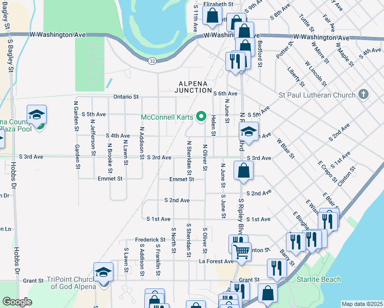 map of restaurants, bars, coffee shops, grocery stores, and more near 148-198 N Oliver St in Alpena