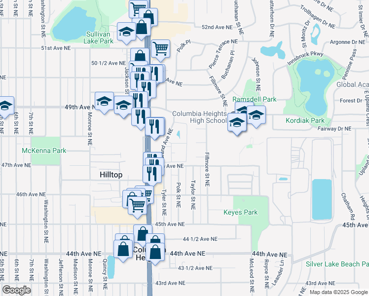 map of restaurants, bars, coffee shops, grocery stores, and more near 1070 Grandview Court Northeast in Columbia Heights
