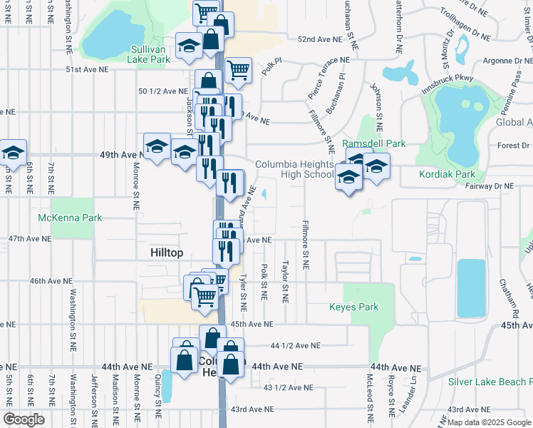 map of restaurants, bars, coffee shops, grocery stores, and more near 1069 Grandview Court Northeast in Columbia Heights