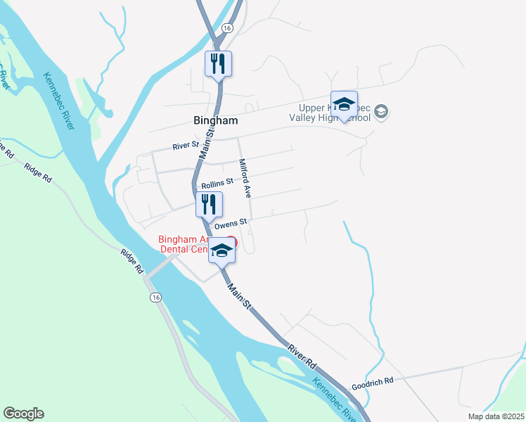 map of restaurants, bars, coffee shops, grocery stores, and more near 43 Owens Street in Bingham