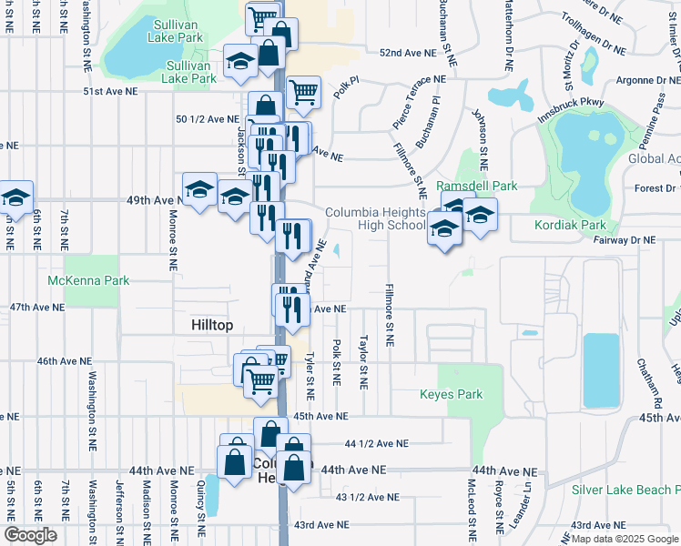 map of restaurants, bars, coffee shops, grocery stores, and more near 4826 Grandview Court Northeast in Columbia Heights