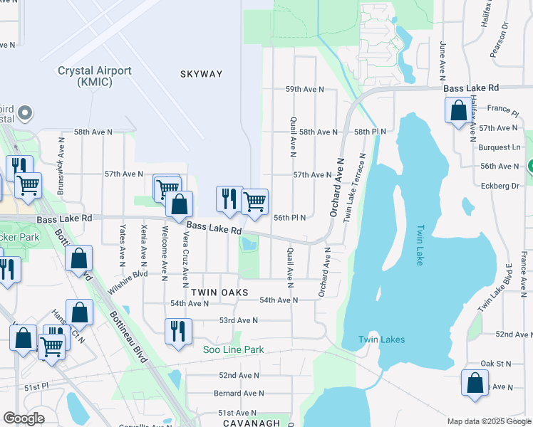 map of restaurants, bars, coffee shops, grocery stores, and more near 5633 Regent Avenue North in Minneapolis